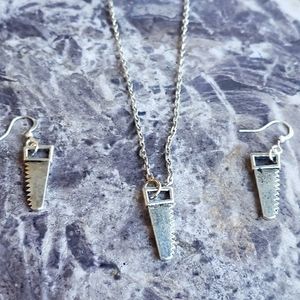 Saw necklace and earring set rockabilly style punk rock goth